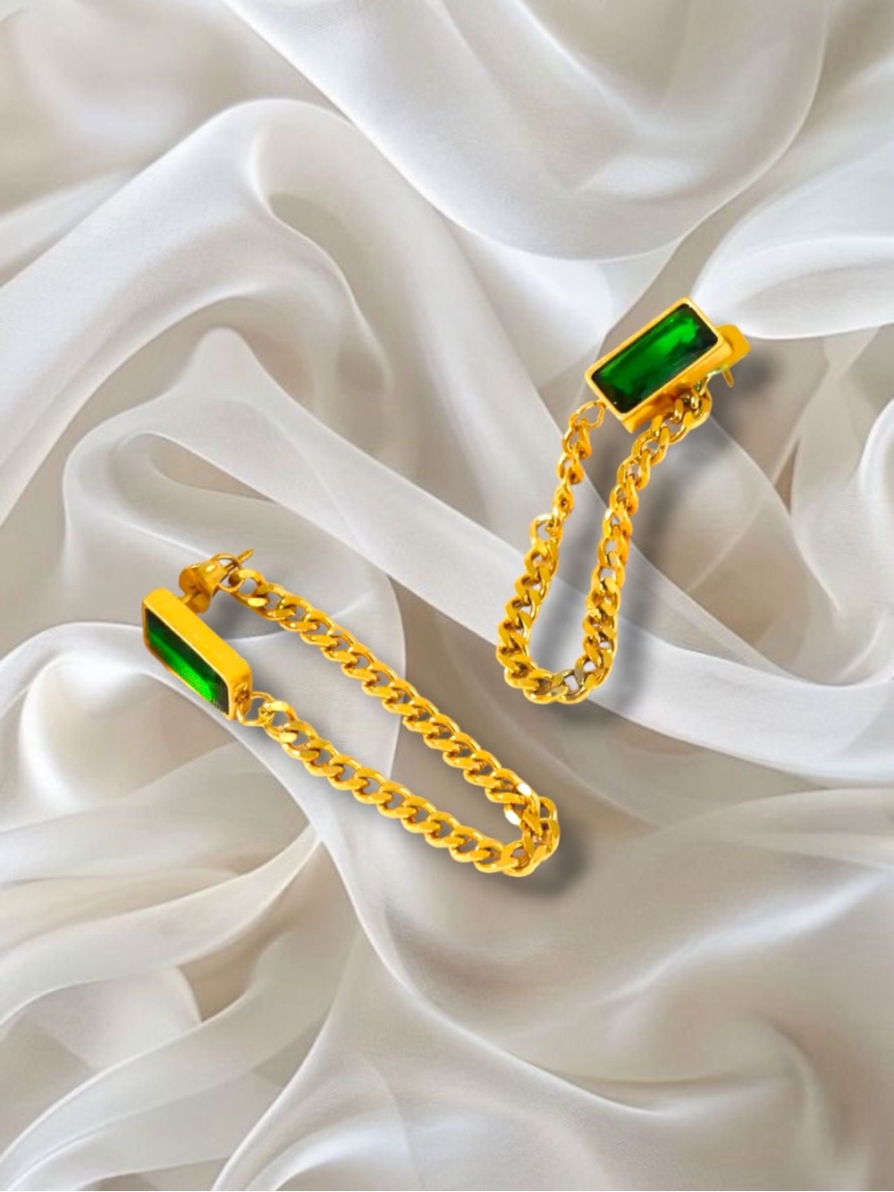 Gold Chain Drop Earrings with Emerald Green Rectangular Stones